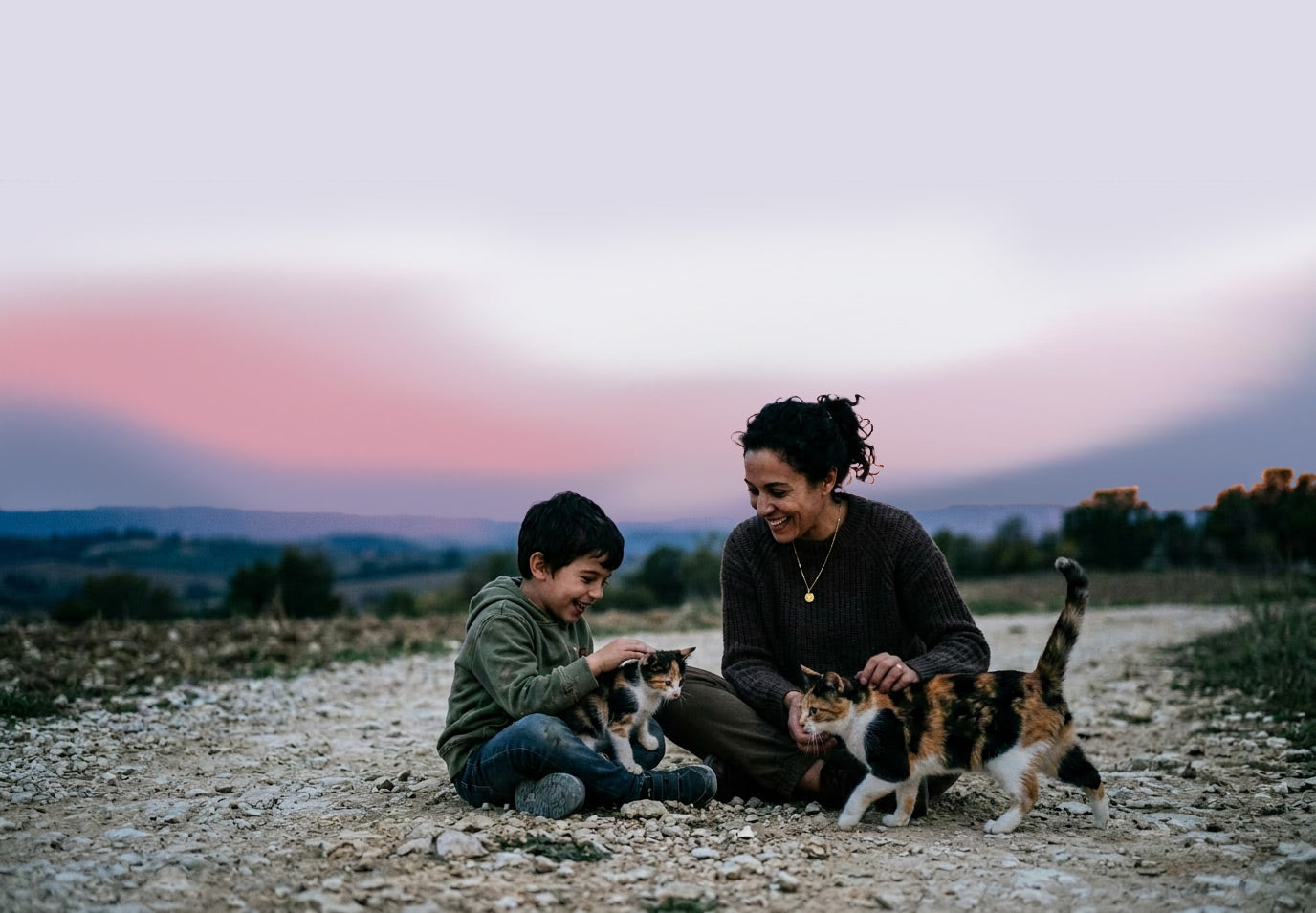 Woman and child with cats in a field at sunset