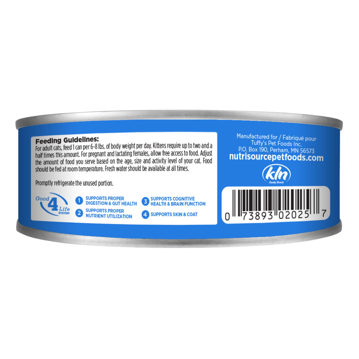 Chicken, Turkey, Lamb & Fish - back of can with UPC and feeding guidelines