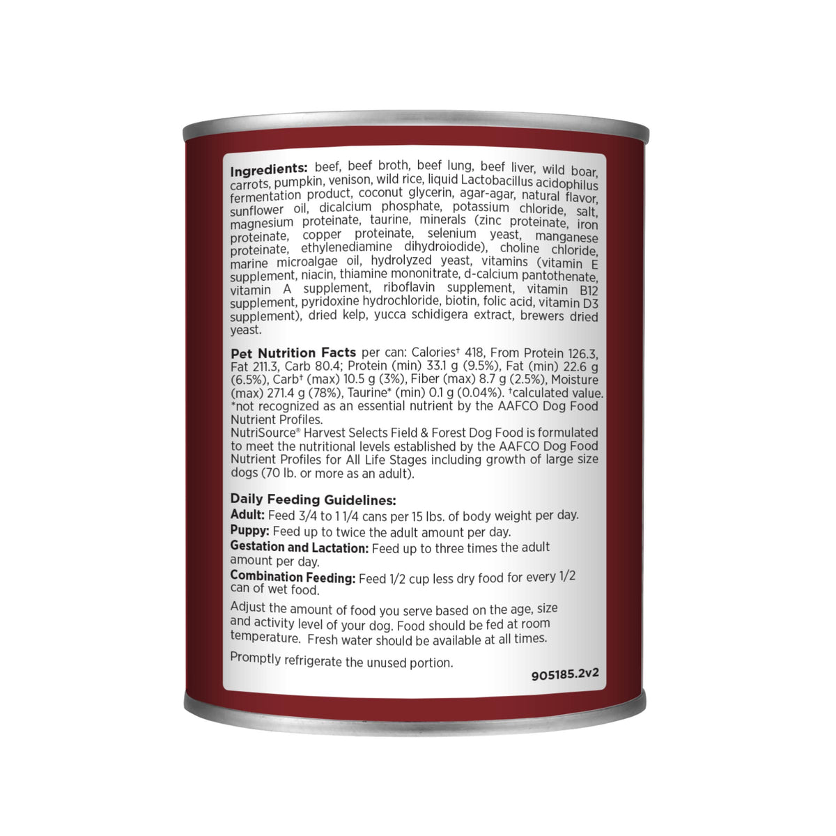 Back of can  ingredients, nutrition & feeding guidelines