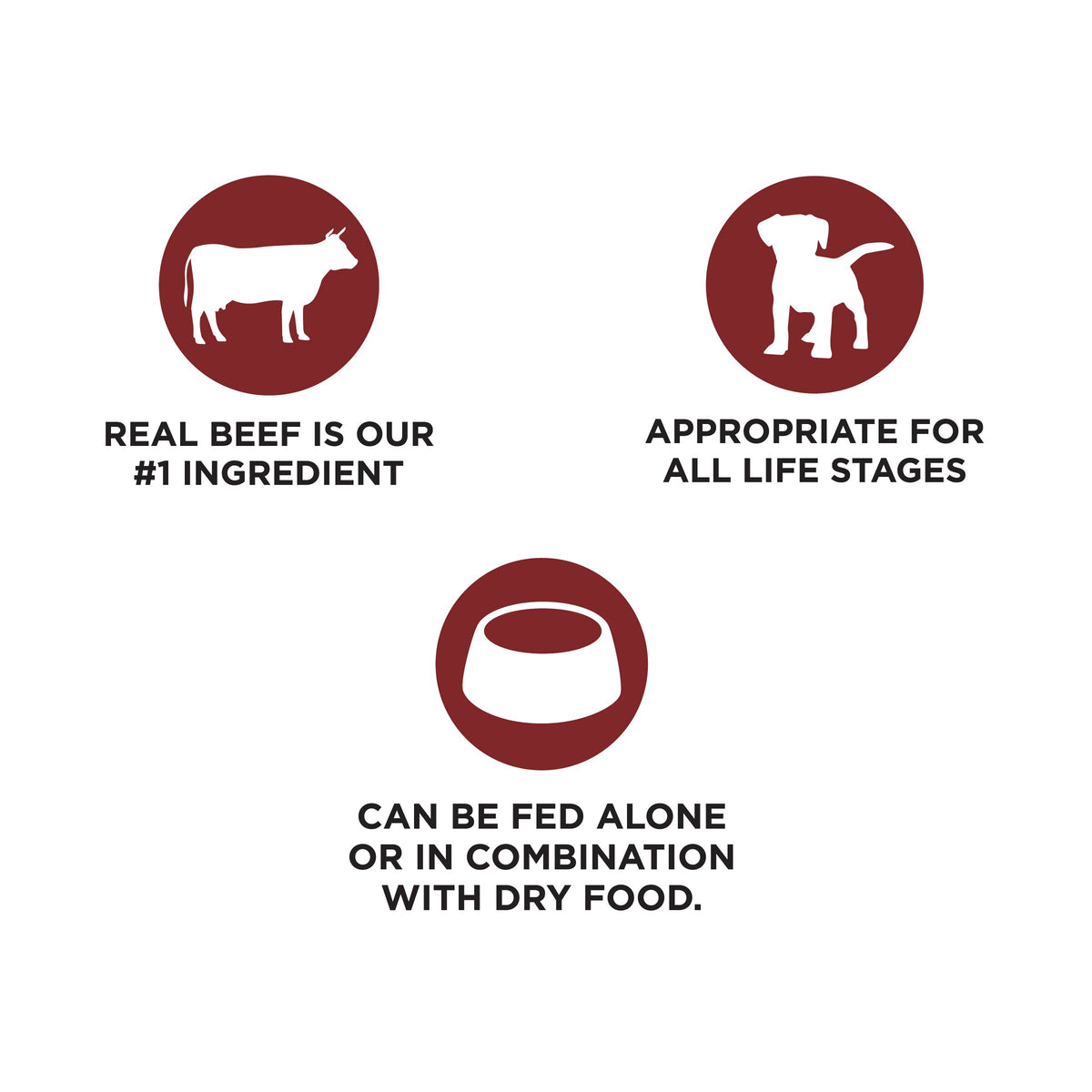 REAL BEEF IS OUR
#1 INGREDIENT

APPROPRIATE FOR
ALL LIFE STAGES

CAN BE FED ALONE
OR IN COMBINATION
WITH DRY FOOD.