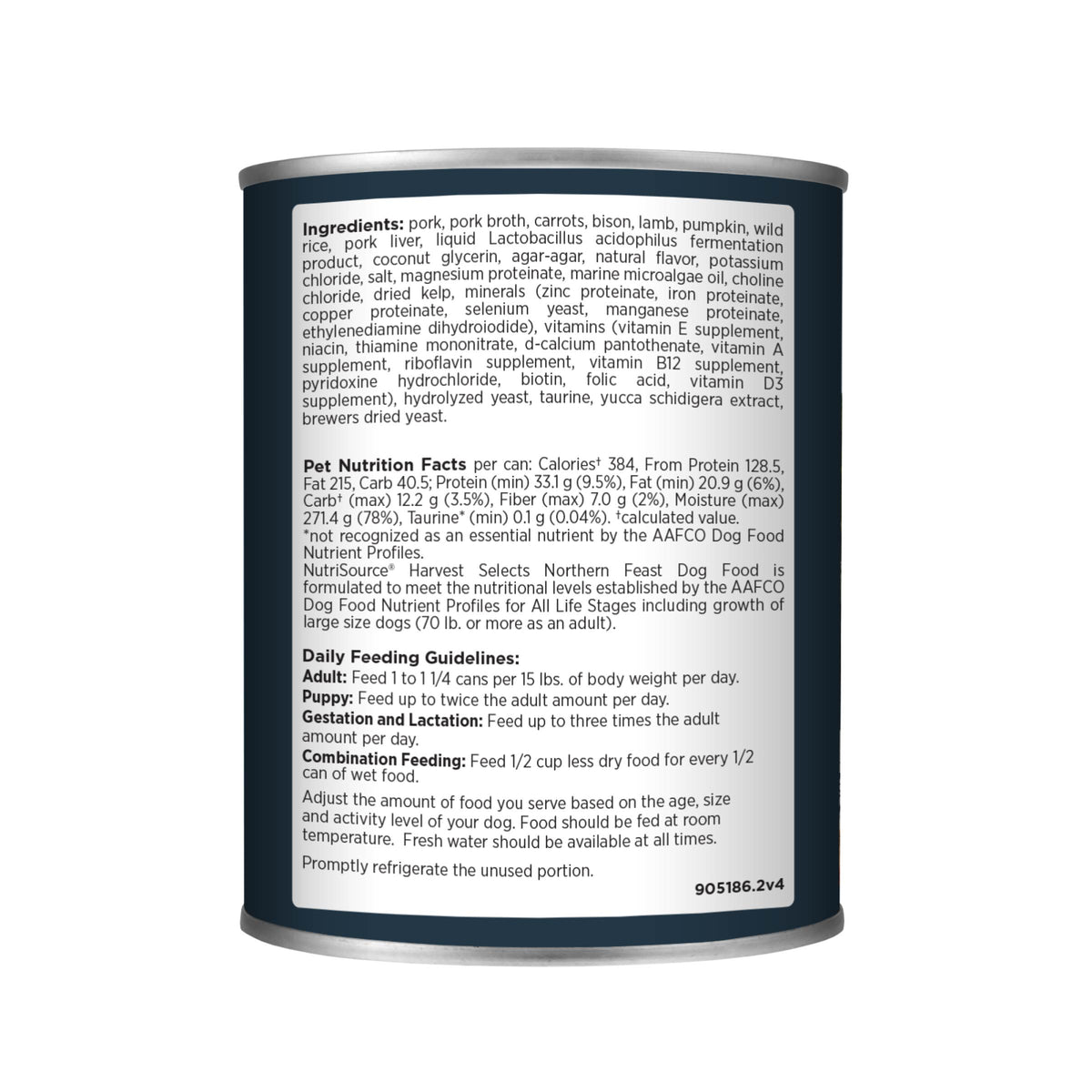 northern Feast PORK, BISON & LAMB RECIPE WITH CARROTS, PUMPKIN & WILD RICE - back of can