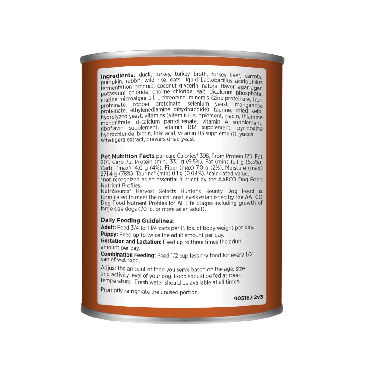 Hunter's Bounty
DUCK, TURKEY & RABBIT RECIPE
WITH CARROTS, PUMPKIN & WILD RICE - Back of can