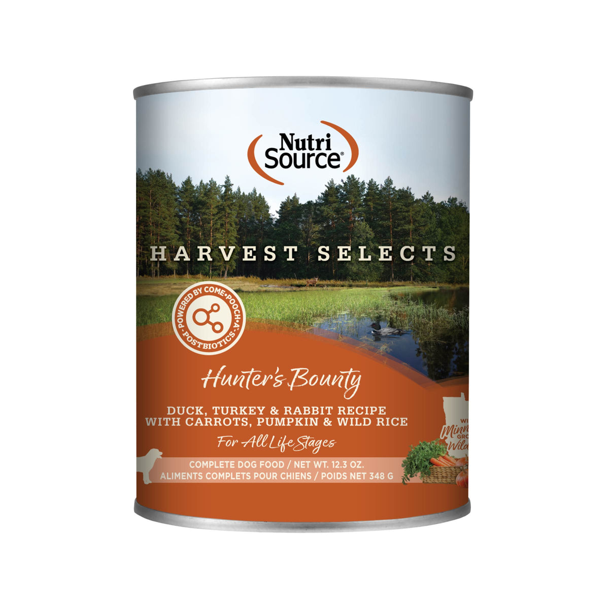 Hunter's Bounty
DUCK, TURKEY & RABBIT RECIPE
WITH CARROTS, PUMPKIN & WILD RICE - Front of can