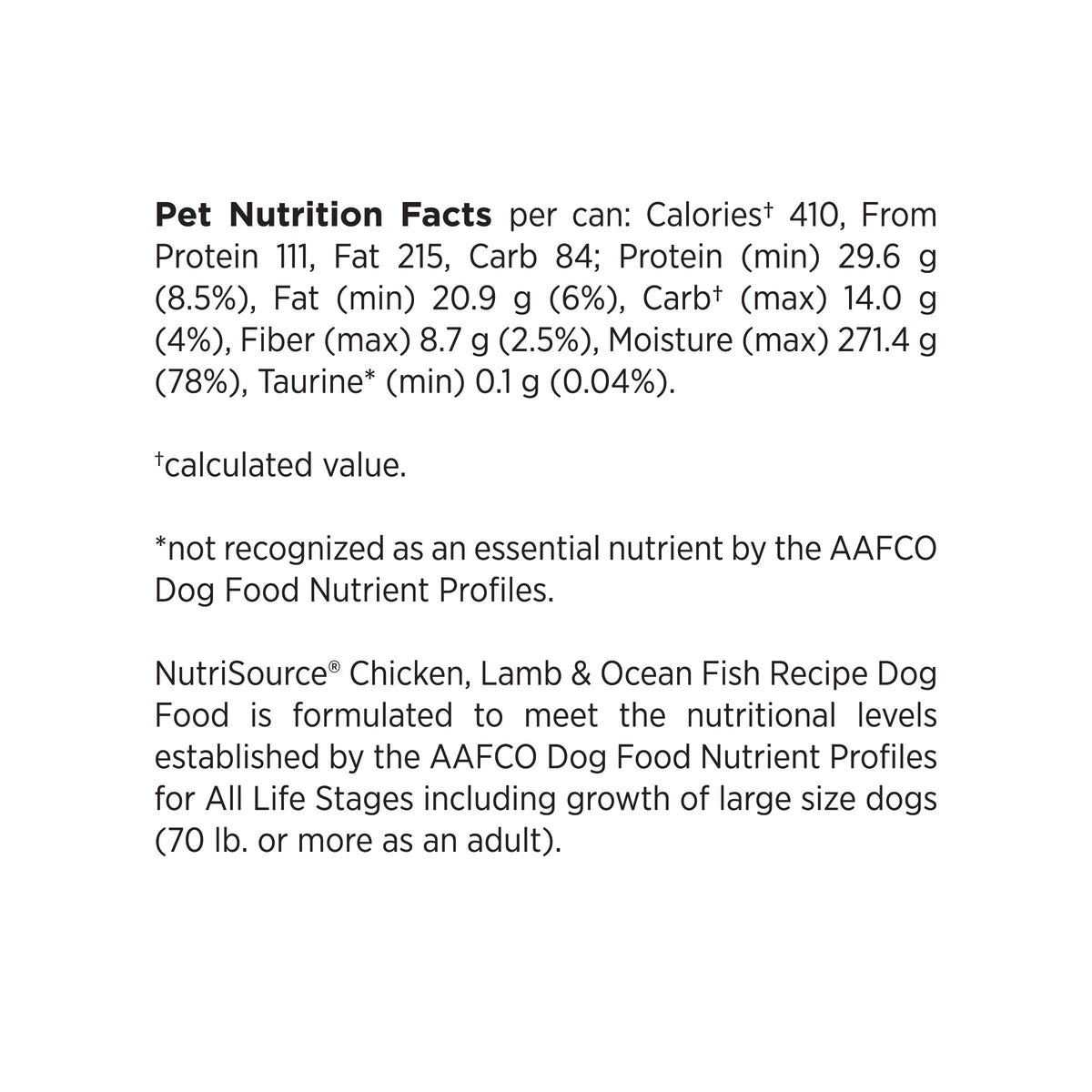 Pet Nutrition Facts per can: Calories 410, From
Protein 111, Fat 215, Carb 84; Protein (min) 29.6 g
(8.5%), Fat (min) 20.9 g (6%), Carbt (max) 14.0 g
(4%), Fiber (max) 8.7 g (2.5%), Moisture (max) 271.4 g
(78%), Taurine* (min) 0.1 g (0.04%).
