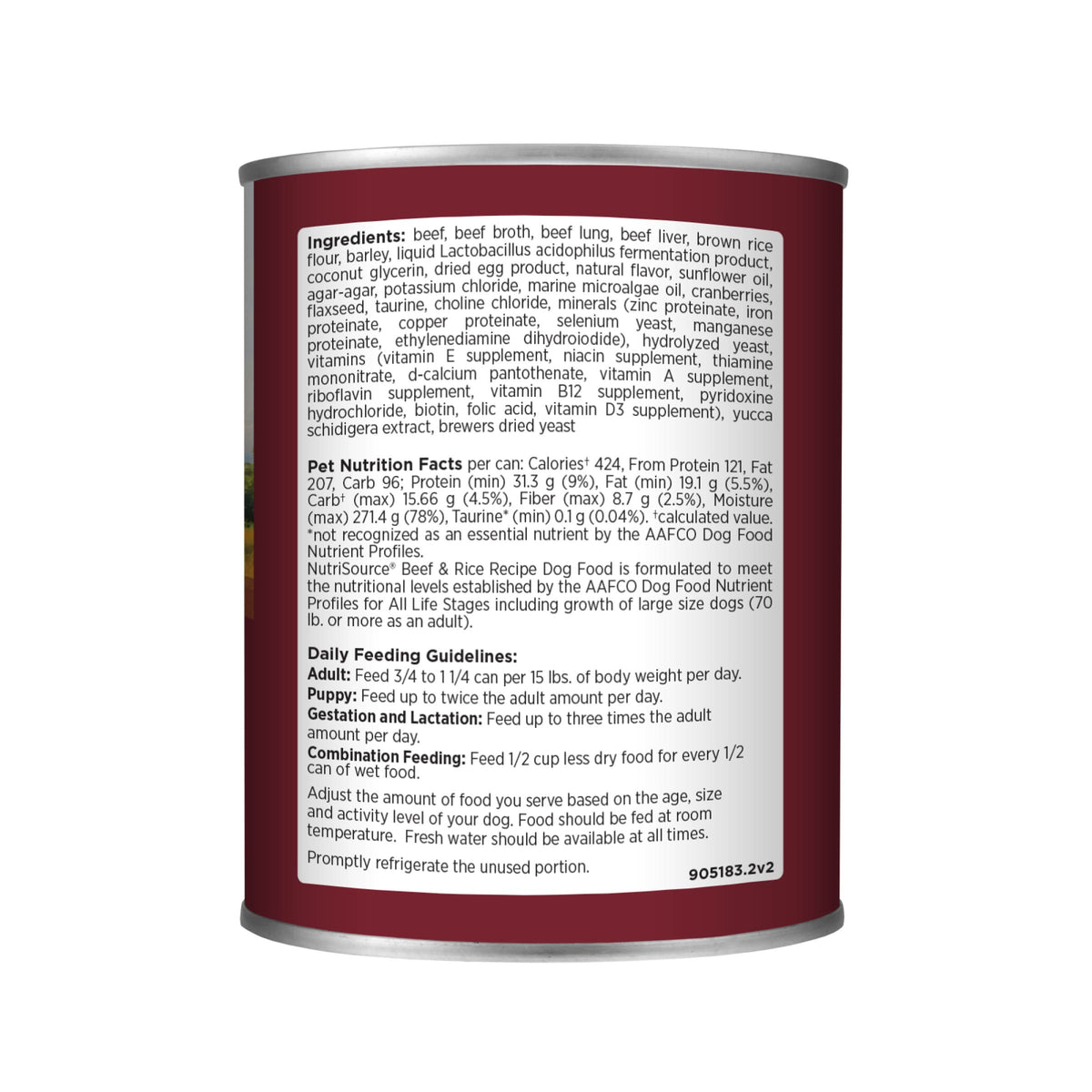 Back of can - ingredients, nutrition, feeding guidelines
