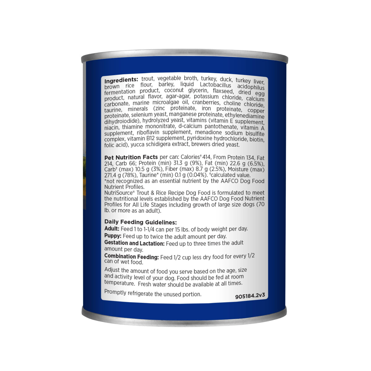 Back of can ingredients, nutrition, daily feeding guidelines