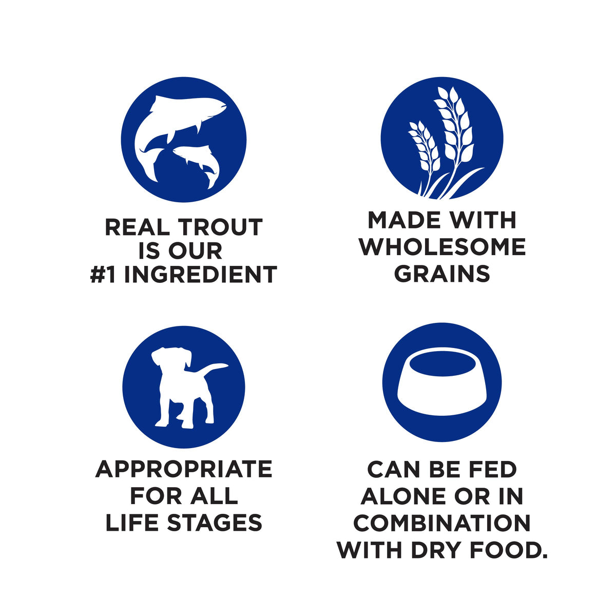 REAL TROUT IS OUR #1 INGREDIENT

MADE WITH WHOLESOME GRAINS

APPROPRIATE FOR ALL LIFE STAGES

CAN BE FED ALONE OR IN COMBINATION
WITH DRY FOOD.