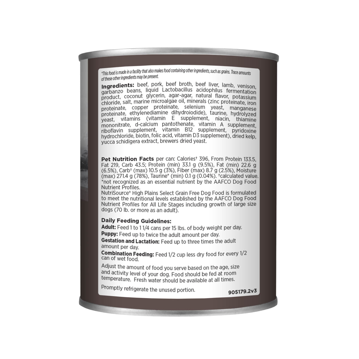High Plains Select Recipe WITH BEEF, PORK, LAMB & VENISON Back of Can