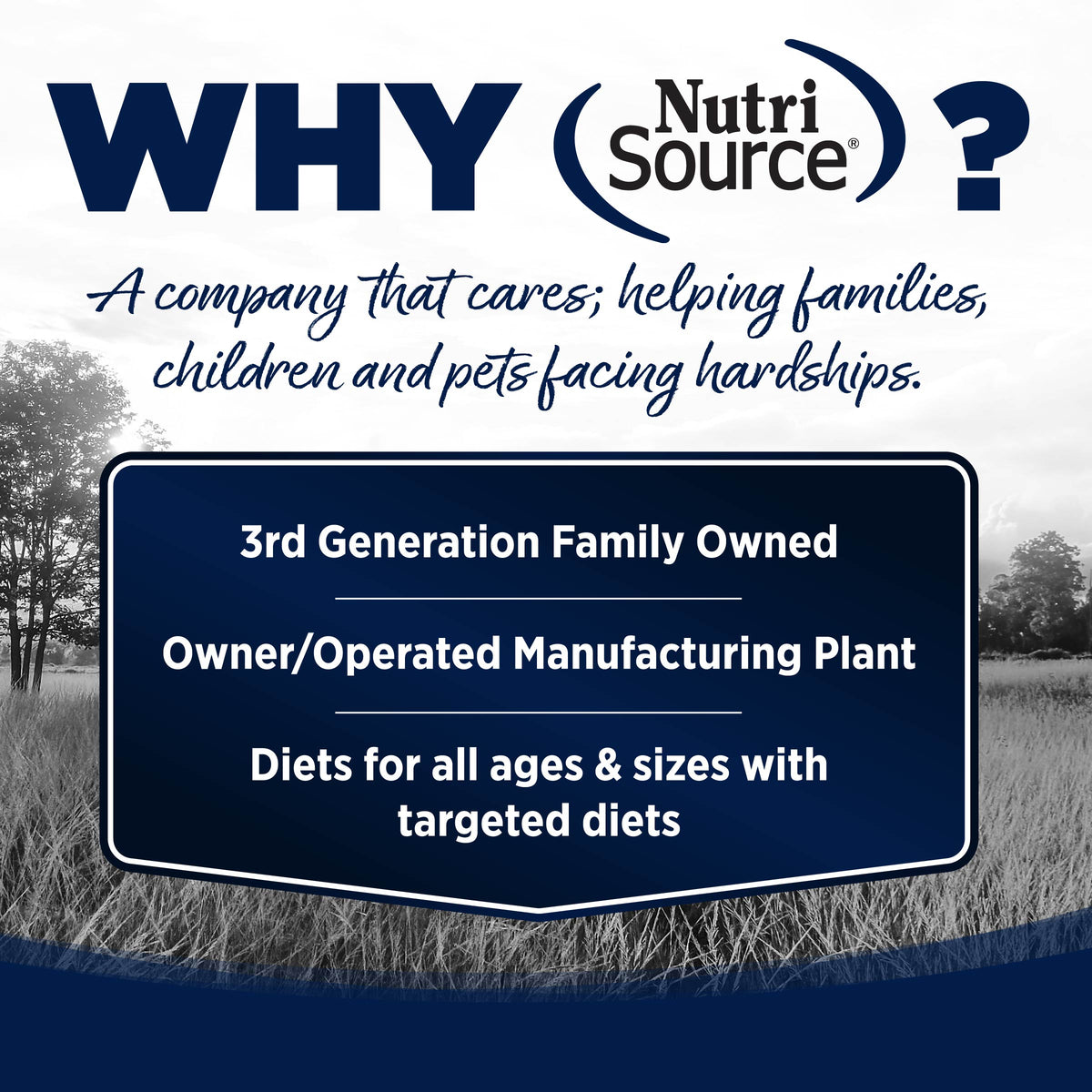 WHY Nutri
Source®?
A company that cares; helping families,
children and pets facing hardships.

3rd Generation Family Owned

Owner/Operated Manufacturing Plant

Diets for all ages & sizes with
targeted diets

