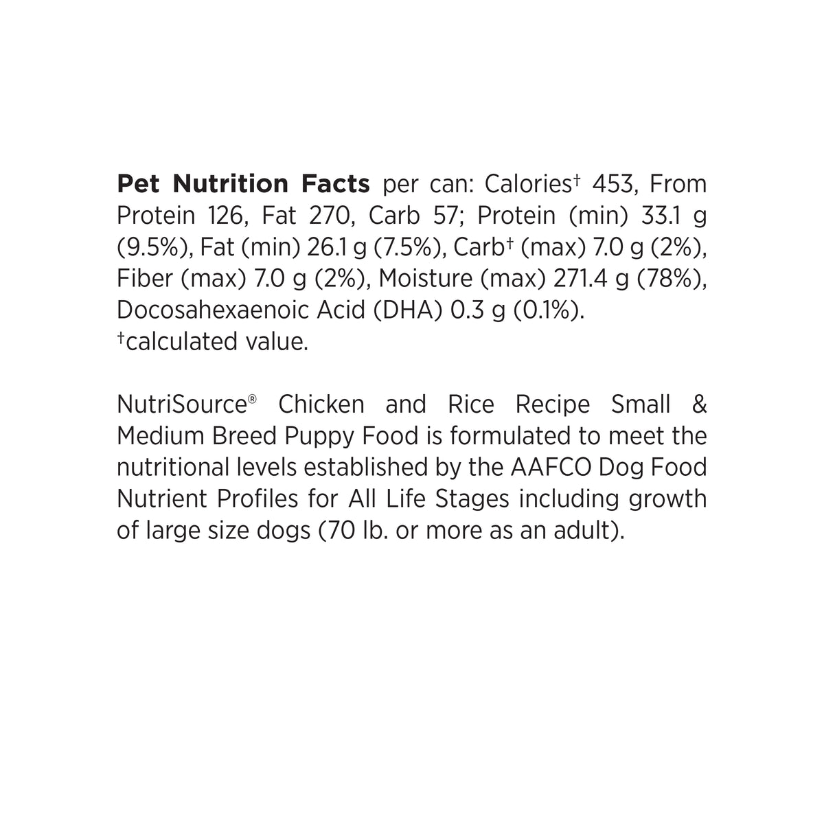 Pet Nutrition Facts per can: Caloriest 453, From
Protein 126, Fat 270, Carb 57; Protein (min) 33.1 g
(9.5%), Fat (min) 26.1g(7.5%), Carbt (max) 7.0g(2%),
Fiber (max) 7.0 g (2%), Moisture (max) 271.4 g (78%),
Docosahexaenoic Acid (DHA) 0.3 g (0.1%).
tcalculated value.

NutriSource® Chicken and Rice Recipe Small &
Medium Breed Puppy Food is formulated to meet the
nutritional levels established by the AAFCO Dog Food
Nutrient Profiles for All Life Stages including growth
of large size dogs (70 lb. or more as an