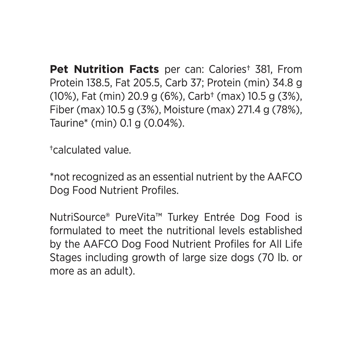Pet Nutrition Facts per can: Caloriest 381, From
Protein 138.5, Fat 205.5, Carb 37; Protein (min) 34.8 g
(10%), Fat (min) 20.9 g (6%), Carbt (max) 10.5 g (3%),
Fiber (max) 10.5 g (3%), Moisture (max) 271.4 g (78%),
Taurine* (min) 0.1 g (0.04%).

*calculated value.

*not recognized as an essential nutrient by the AAFCO
Dog Food Nutrient Profiles.

NutriSource® PureVita™ Turkey Entree Dog Food is
formulated to meet the nutritional levels established
by the AAFCO Dog Food Nutrient Profiles for All Life
Stages 
