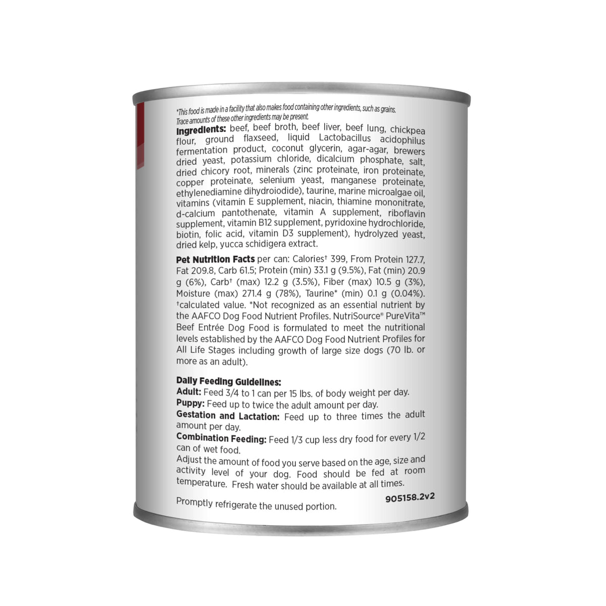 Beef Entrée Beef is the #1 Ingredient 
Grain Free* Pate-Style Dog Food - back of can