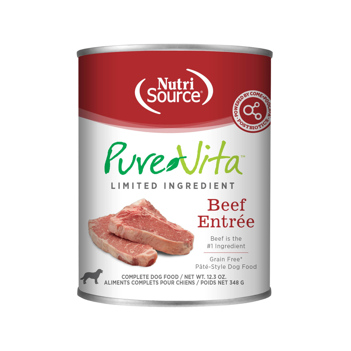 Beef Entrée Beef is the #1 Ingredient 
Grain Free* Pate-Style Dog Food - front of can