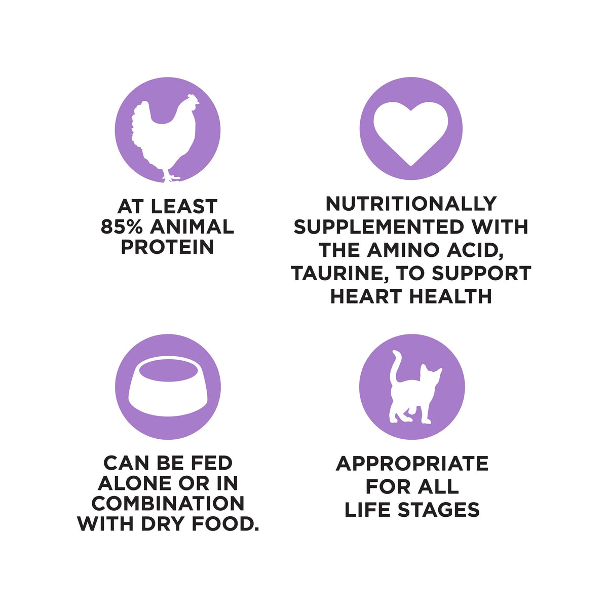 AT LEAST
85% ANIMAL
PROTEIN

NUTRITIONALLY
SUPPLEMENTED WITH
THE AMINO ACID,
TAURINE, TO SUPPORT
HEART HEALTH

CAN BE FED
ALONE OR IN
COMBINATION
WITH DRY FOOD.

APPROPRIATE
FOR ALL
LIFE STAGES