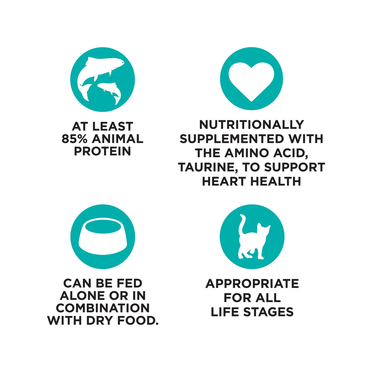 AT LEAST
85% ANIMAL
PROTEIN

NUTRITIONALLY
SUPPLEMENTED WITH
THE AMINO ACID,
TAURINE, TO SUPPORT
HEART HEALTH

CAN BE FED
ALONE OR IN
COMBINATION
WITH DRY FOOD.

APPROPRIATE
FOR ALL
LIFE STAGES
