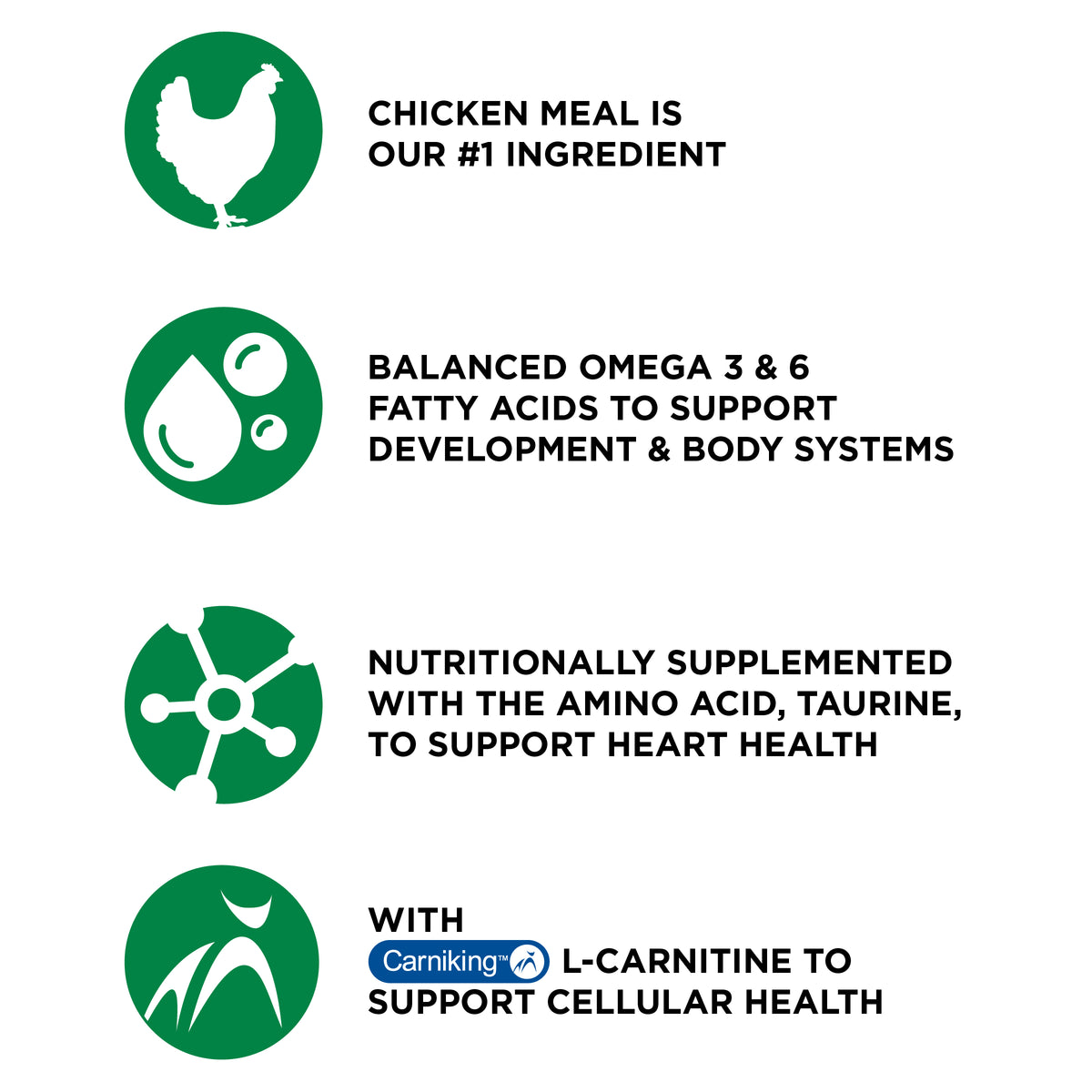 CHICKEN MEAL IS
OUR #1 INGREDIENT

BALANCED OMEGA 3 & 6
FATTY ACIDS TO SUPPORT
DEVELOPMENT & BODY SYSTEMS

NUTRITIONALLY SUPPLEMENTED
WITH THE AMINO ACID, TAURINE,
TO SUPPORT HEART HEALTH

WITH Carniking" L-CARNITINE TO SUPPORT CELLULAR HEALTH  