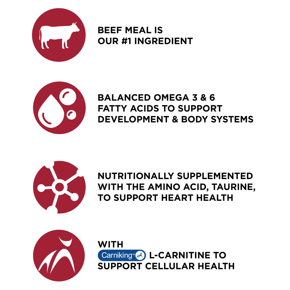BEEF MEAL IS
OUR #1 INGREDIENT

BALANCED OMEGA 3 & 6
FATTY ACIDS TO SUPPORT
DEVELOPMENT & BODY SYSTEMS

NUTRITIONALLY SUPPLEMENTED
WITH THE AMINO ACID, TAURINE,
TO SUPPORT HEART HEALTH

WITH Carniking™ L-CARNITINE TO
SUPPORT CELLULAR HEALTH

