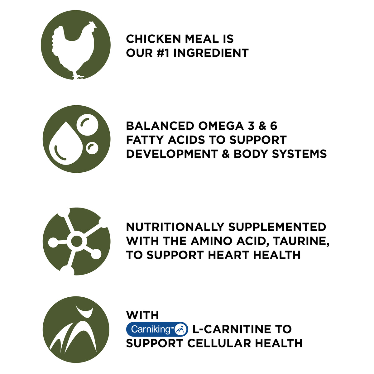 CHICKEN MEAL IS
OUR #1 INGREDIENT

BALANCED OMEGA 3 & 6
FATTY ACIDS TO SUPPORT
DEVELOPMENT & BODY SYSTEMS

NUTRITIONALLY SUPPLEMENTED
WITH THE AMINO ACID, TAURINE,
TO SUPPORT HEART HEALTH

WITH
Carniking L-CARNITINE TO
SUPPORT CELLULAR HEALTH