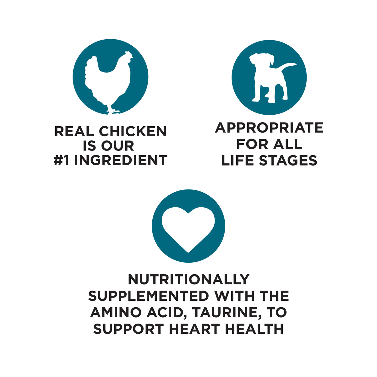 REAL CHICKEN
IS OUR
#1 INGREDIENT

APPROPRIATE
FOR ALL
LIFE STAGES

NUTRITIONALLY
SUPPLEMENTED WITH THE
AMINO ACID, TAURINE, TO
SUPPORT HEART HEALTH