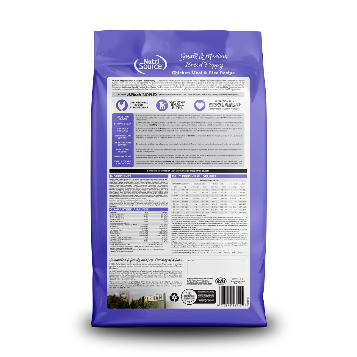 Small & Medium Breed Puppy Chicken Meal & Rice Recipe Back of Bag