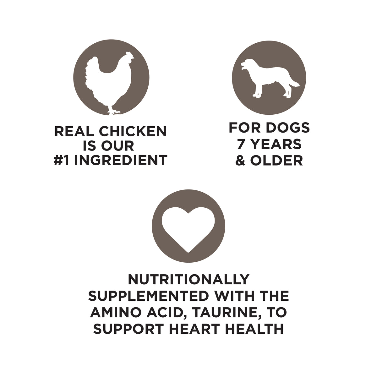 REAL CHICKEN
IS OUR
#1 INGREDIENT

FOR DOGS
7 YEARS
& OLDER

NUTRITIONALLY
SUPPLEMENTED WITH THE
AMINO ACID, TAURINE, TO
SUPPORT HEART HEALTH
