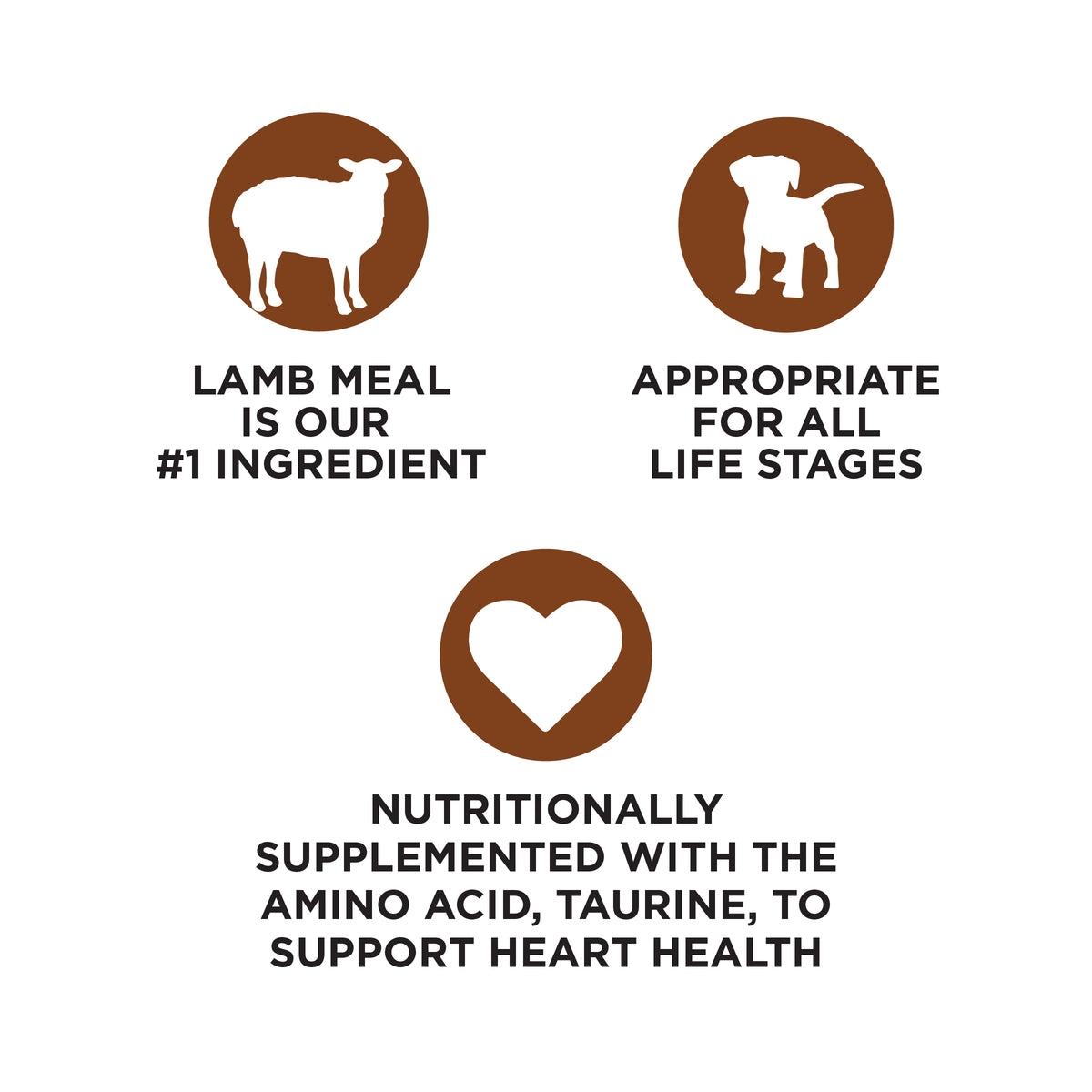 LAMB MEAL
IS OUR
#1 INGREDIENT

APPROPRIATE
FOR ALL
LIFE STAGES

NUTRITIONALLY
SUPPLEMENTED WITH THE
AMINO ACID, TAURINE, TO
SUPPORT HEART HEALTH