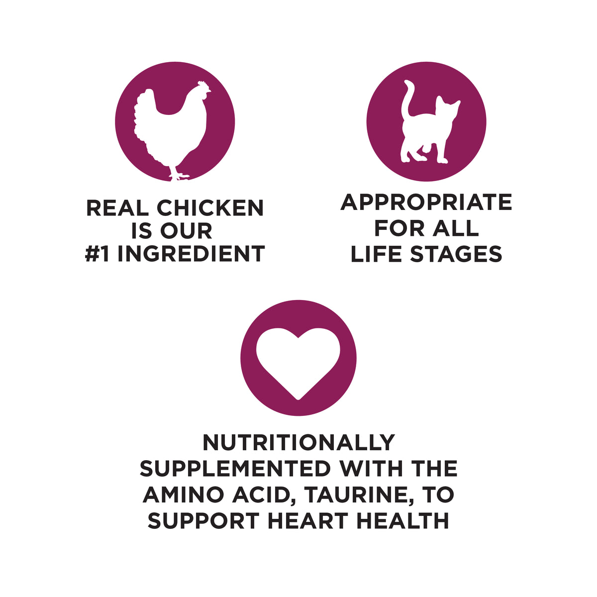REAL CHICKEN
IS OUR
#1 INGREDIENT

APPROPRIATE
FOR ALL
LIFE STAGES

NUTRITIONALLY
SUPPLEMENTED WITH THE
AMINO ACID, TAURINE, TO
SUPPORT HEART HEALTH