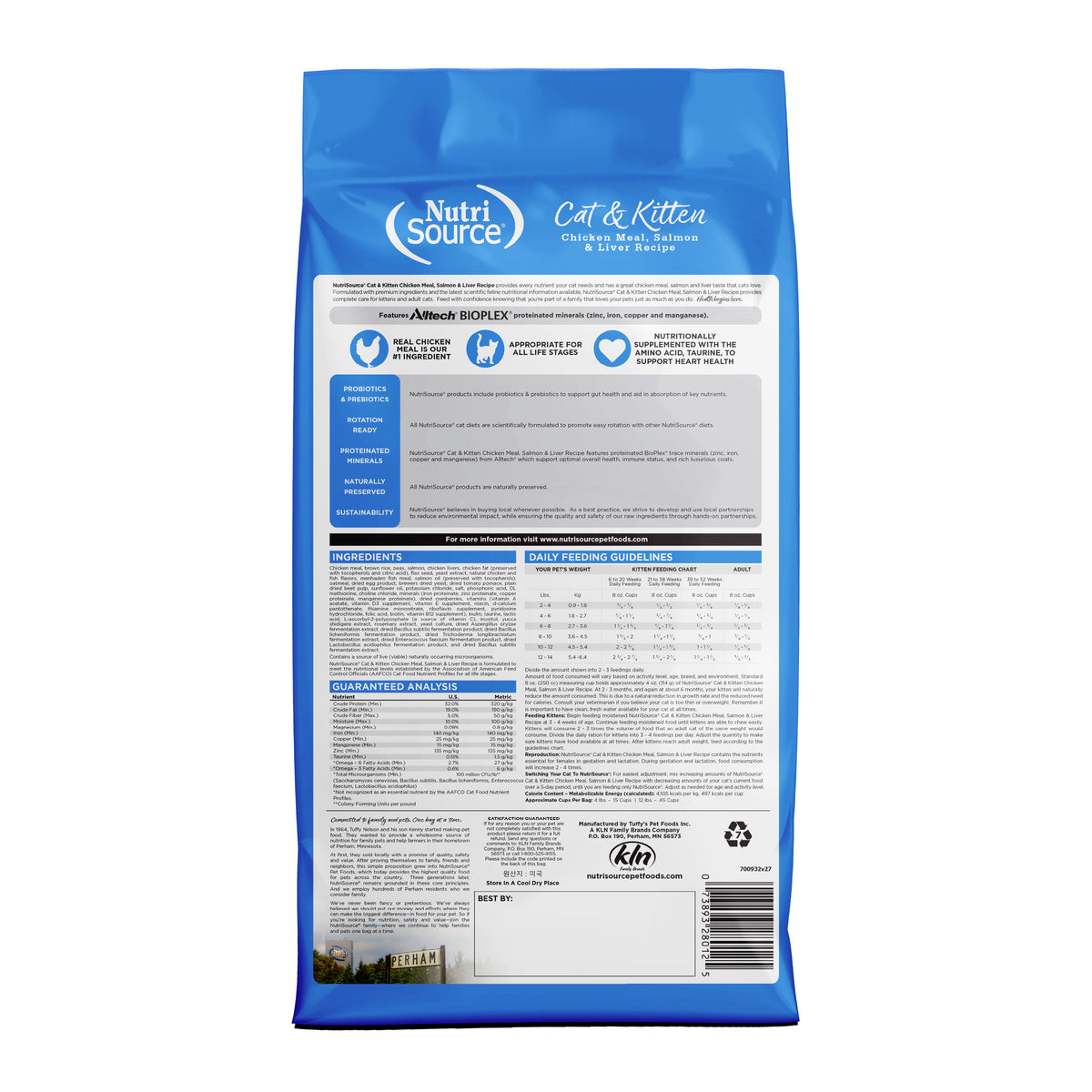 Cat & Kitten Chicken Meal, Salmon & Liver Recipe - Back of bag
