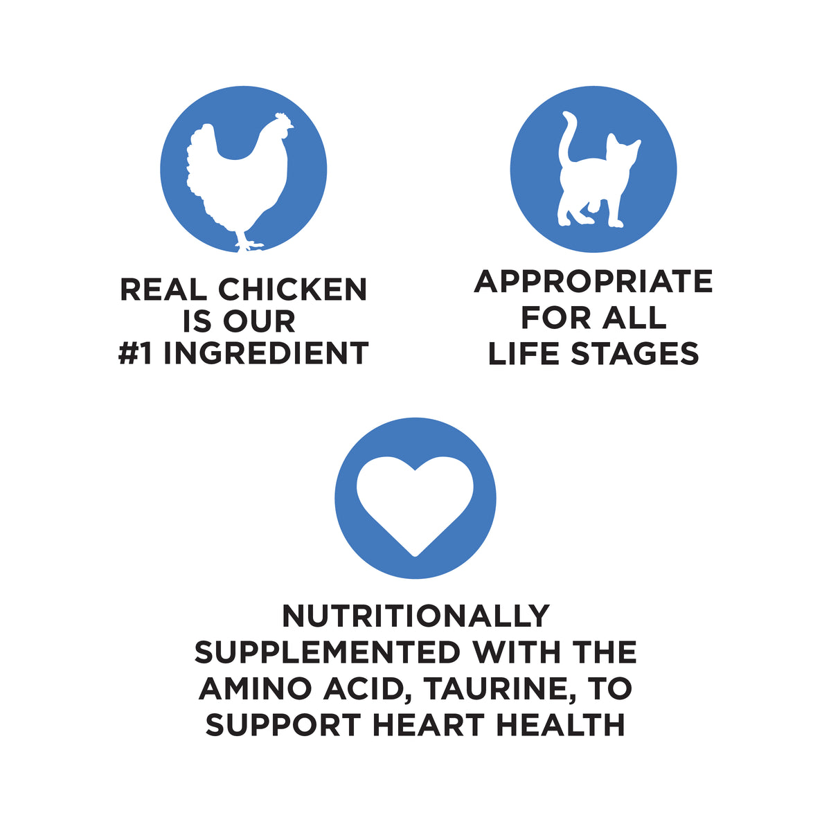 REAL CHICKEN
IS OUR
#1 INGREDIENT

APPROPRIATE
FOR ALL
LIFE STAGES

NUTRITIONALLY
SUPPLEMENTED WITH THE
AMINO ACID, TAURINE, TO
SUPPORT HEART HEALTH