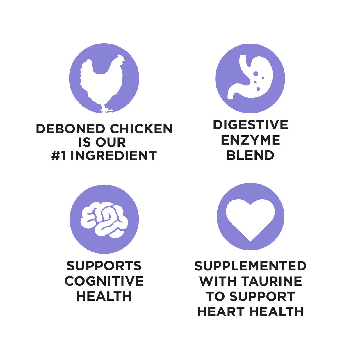 DEBONED CHICKEN
IS OUR
#1 INGREDIENT

DIGESTIVE
ENZYME
BLEND

SUPPORTS
COGNITIVE
HEALTH

SUPPLEMENTED
WITH TAURINE
TO SUPPORT
HEART HEALTH