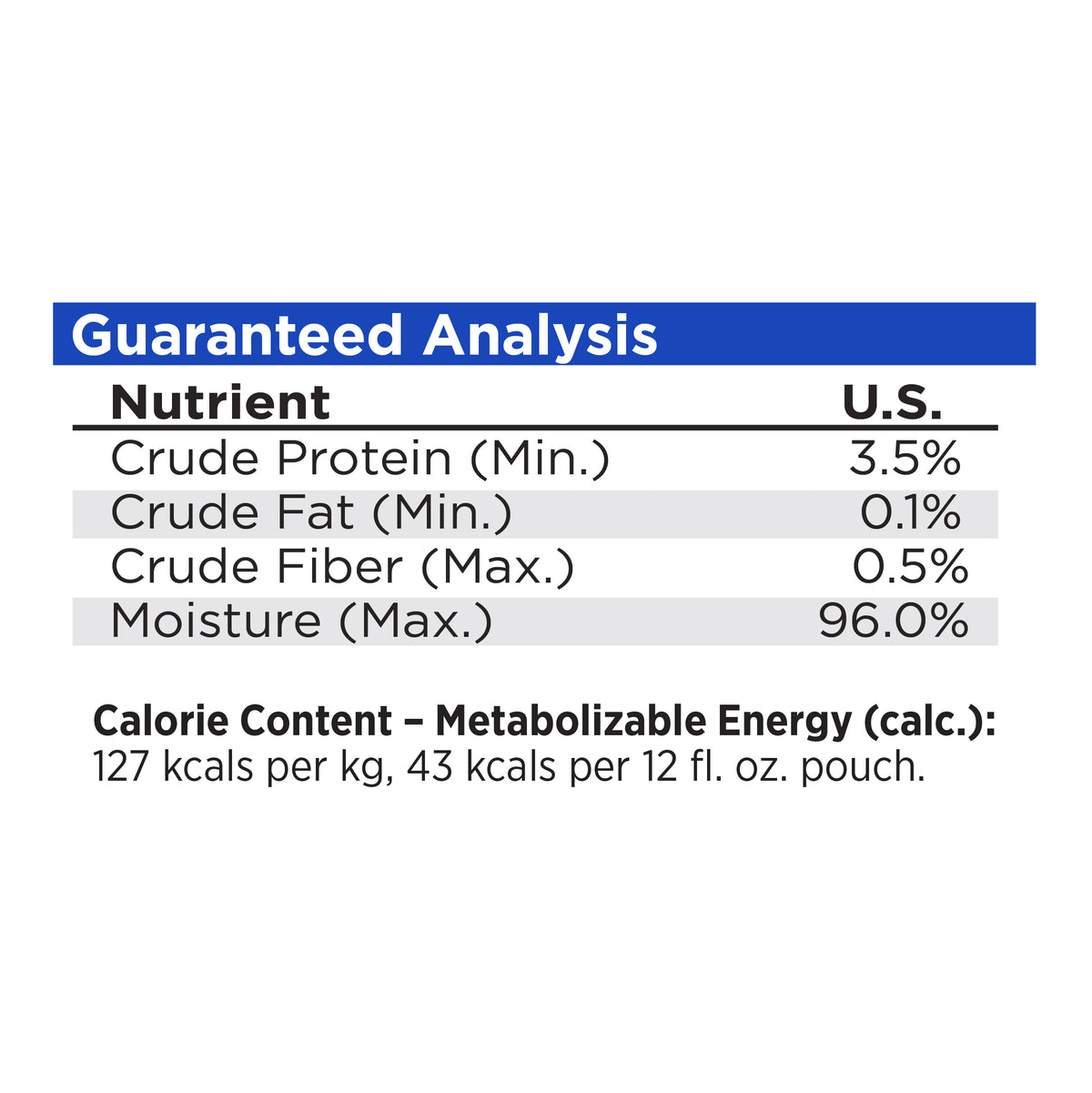 Guaranteed Analysis
Nutrient
Crude Protein (Min.)
Crude Fat (Min.)
Crude Fiber (Max.)
Moisture (Max.)

Calorie Content - Metabolizable Energy (calc.):
127 kcals per kg, 43 kcals per 12 fl. oz. pouch.

U.S.
3.5%
0.1%
0.5%
96.0%