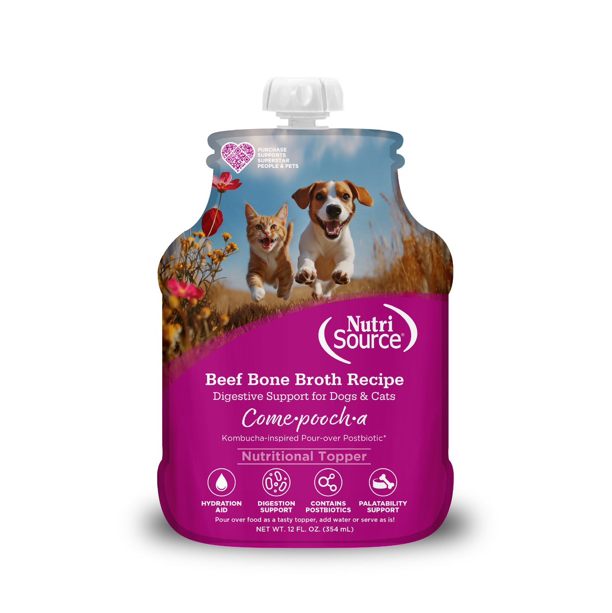 Beef Bone Broth Recipe Digestive Support for Dogs & Cats
Come.pooch.a
Kombucha-inspired Pour-over Postbiotic*
Nutritional Topper
Front of pouch