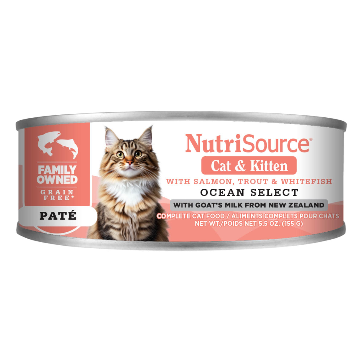 Cat & Kitten WITH SALMON, TROUT & WHITEFISH OCEAN SELECT
WITH GOAT'S MILK FROM NEW ZEALAND front of can