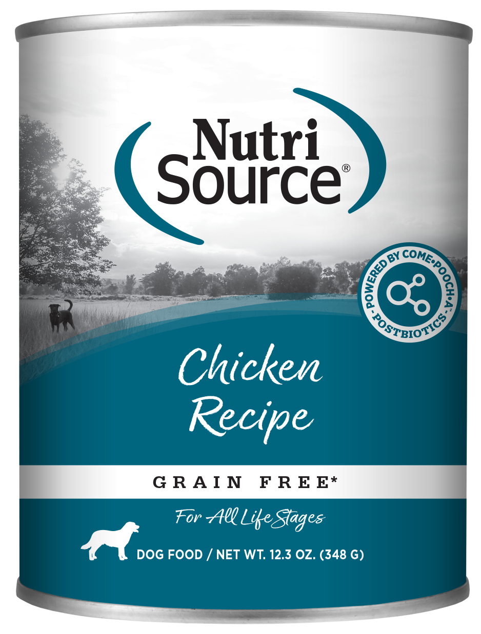 A can of NutriSource Grain Free Chicken Recipe pate-style dog food with a label showing a dog and text indicating the product is grain free for all life stages.