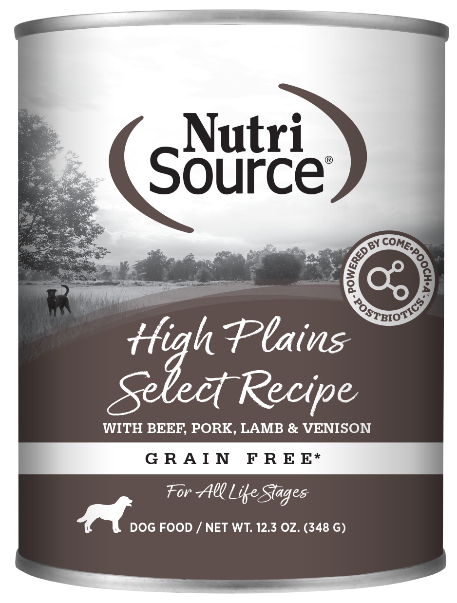 A can of NutriSource High Plains Select Recipe Grain Free Wet Dog Food with images of dogs and a scenic background.