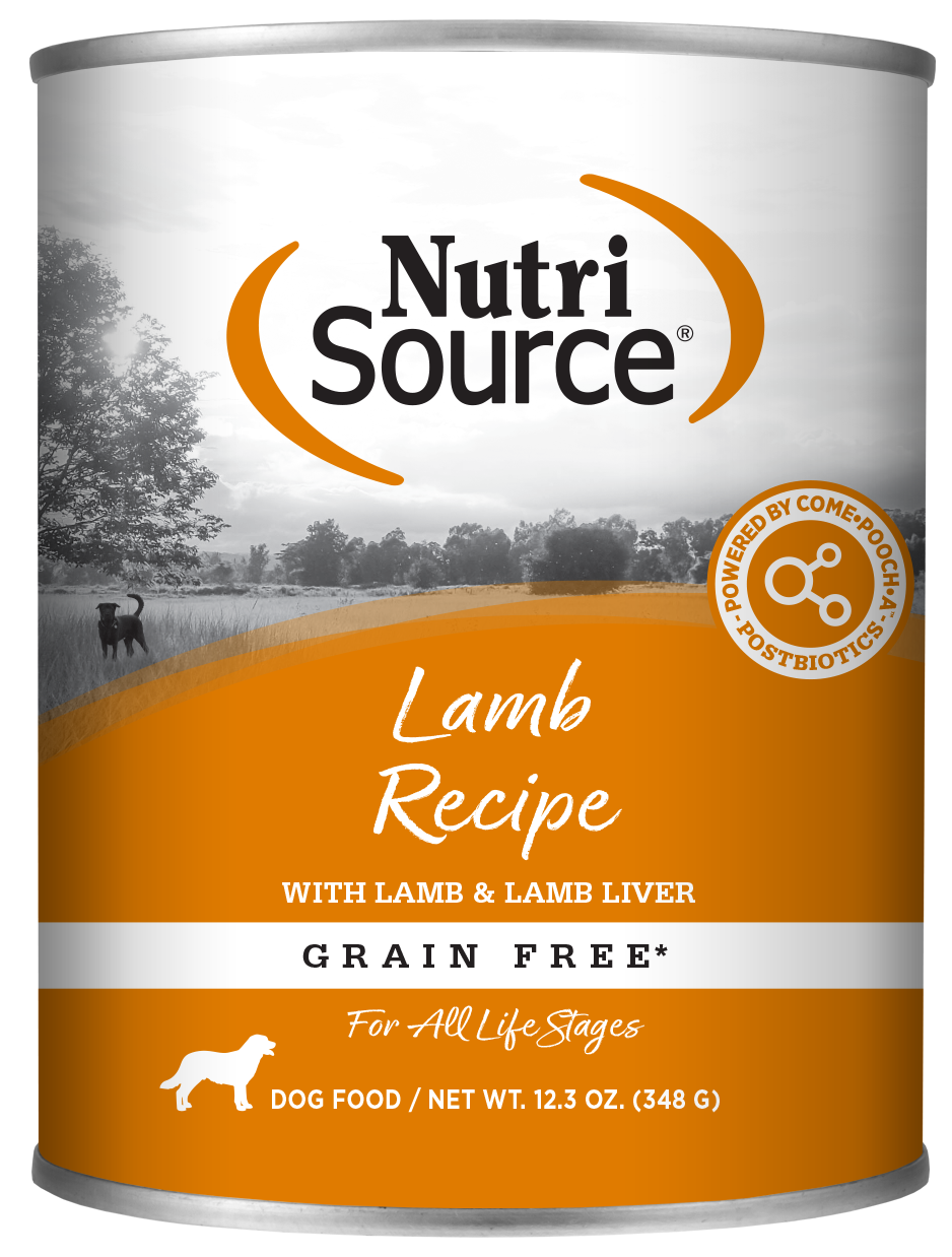 A can of NutriSource Grain Free Lamb Pate-Style dog food with an image of a dog in a field.