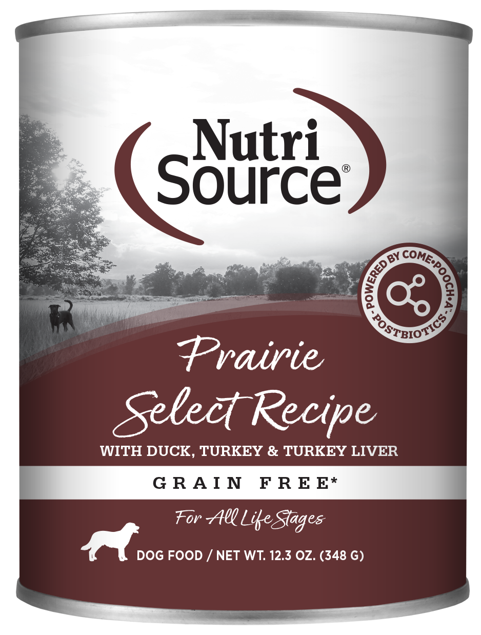 A can of NutriSource Prairie Select Recipe Grain Free Wet Dog Food with images of dogs and a scenic background.