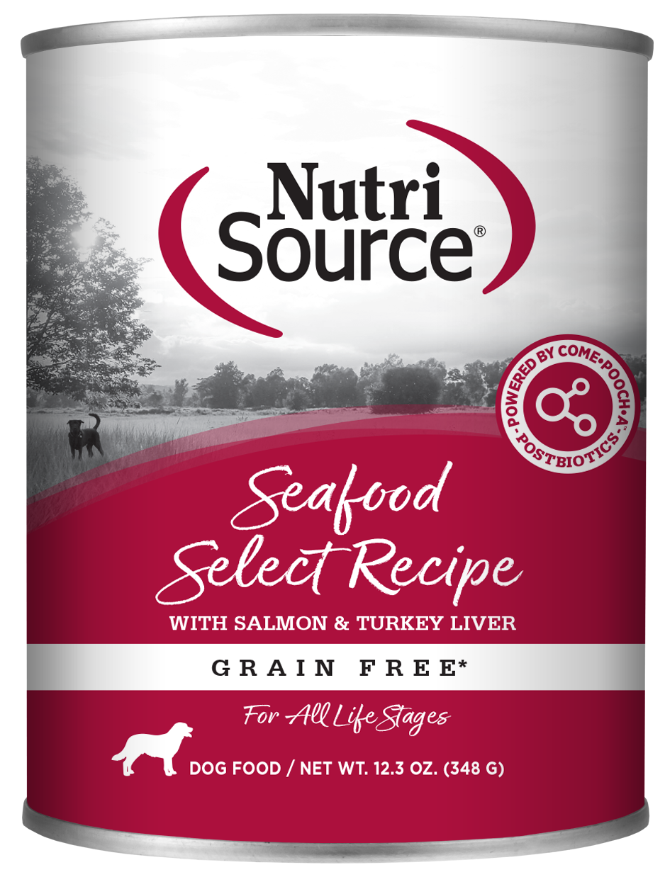 A can of NutriSource Grain Free Seafood Select Wet Dog Food with salmon and turkey liver. The can is labeled for all life stages and it's grain-free.
