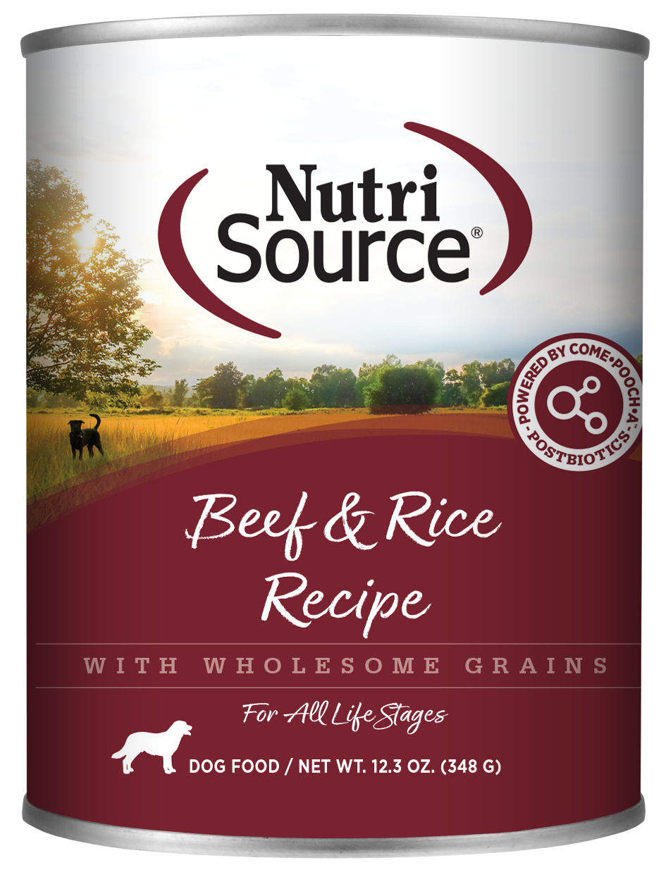 A can of NutriSource Beef & Rice Recipe dog food with a scenic background featuring a dog in a field.