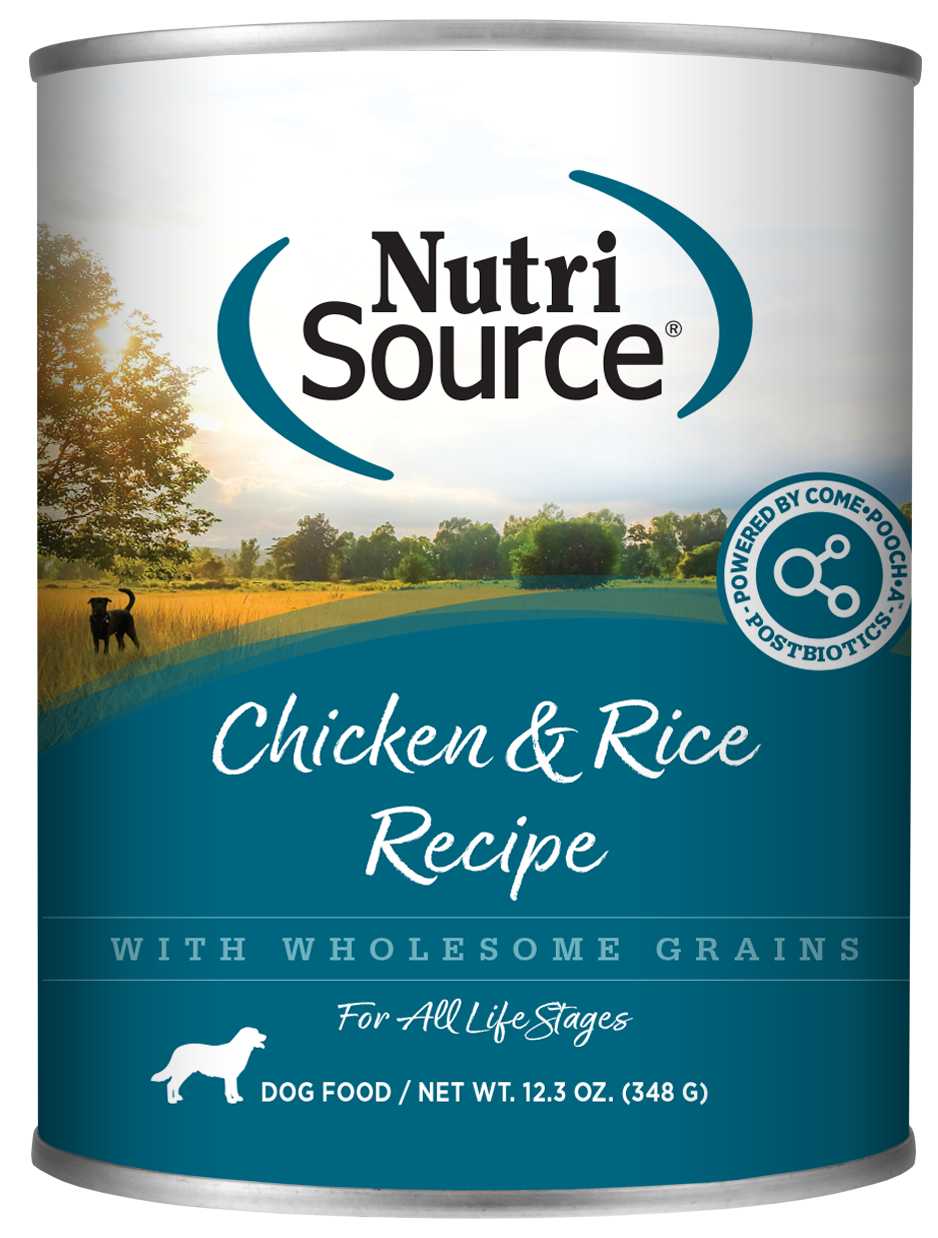 A can of NutriSource Chicken & Rice Recipe dog food with the brand logo and an image of a dog in the background.