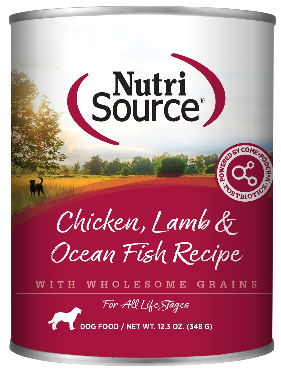 A can of NutriSource Chicken, Lamb & Ocean Fish Recipe dog food with a scenic background of a dog running in a field.