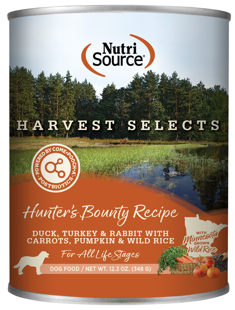 A can of NutriSource Harvest Selects Hunter's Bounty dog food, featuring images of ducks, a turkey, and wild rice, indicating the flavors and ingredients of the product.