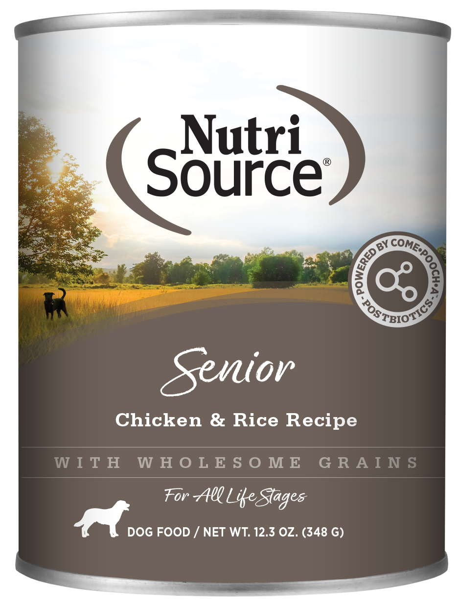 A can of NutriSource Senior Chicken & Rice Wet Dog Food. The can has branding and an image of a dog in a field.