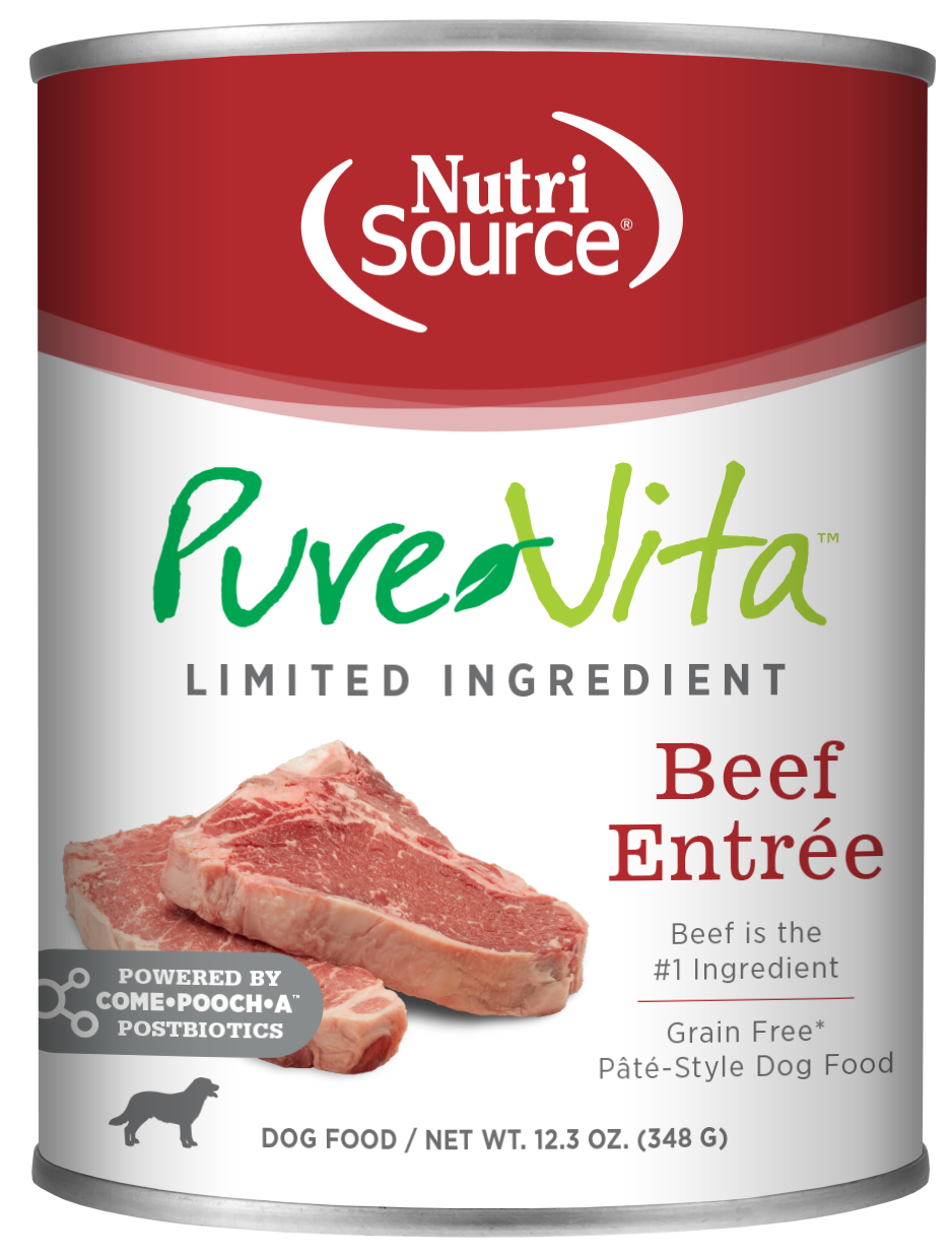 A can of NutriSource PureVita Limited Ingredient Beef Entree pate-style dog food. The can is labeled with the brand, the product name, and an image of fresh beef.