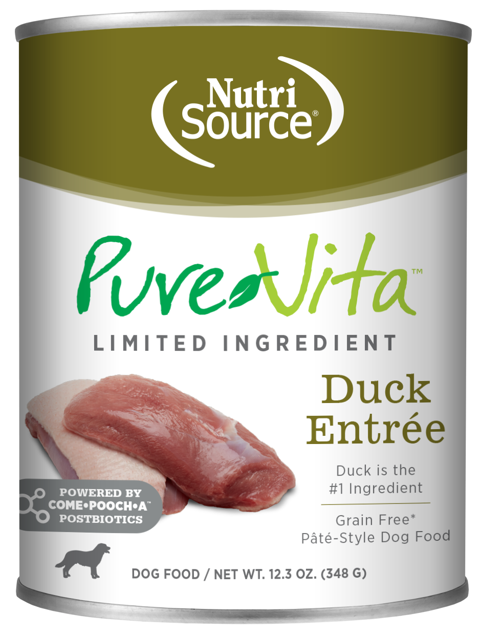 A can of NutriSource PureVita Limited Ingredient Duck Entree pate-style dog food. The can is labeled with the product name and an image of duck meat on the front.