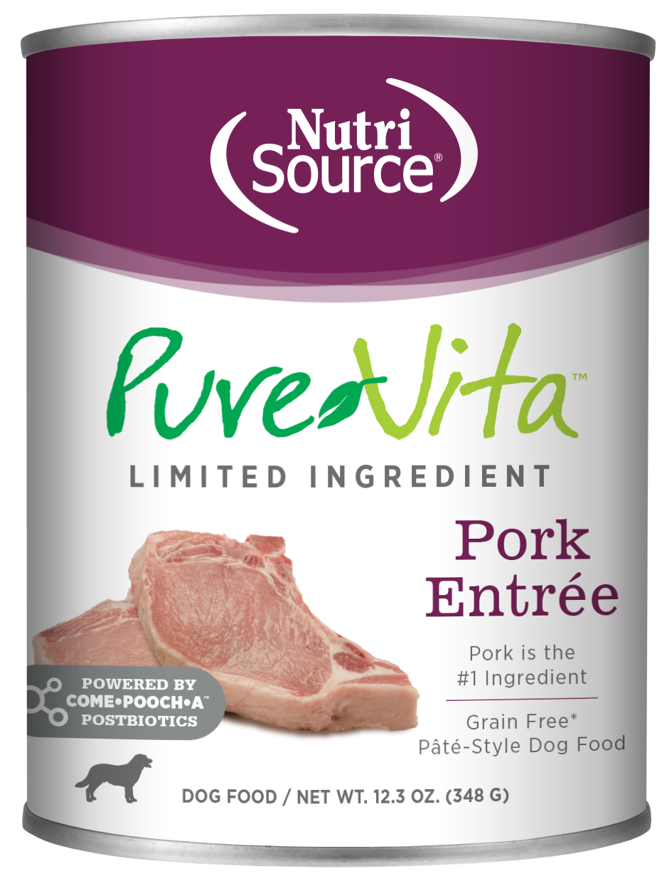 A can of NutriSource PureVita Limited Ingredient Pork Pate-Style dog food. The can is labeled with the brand, product name, and an image of pork.