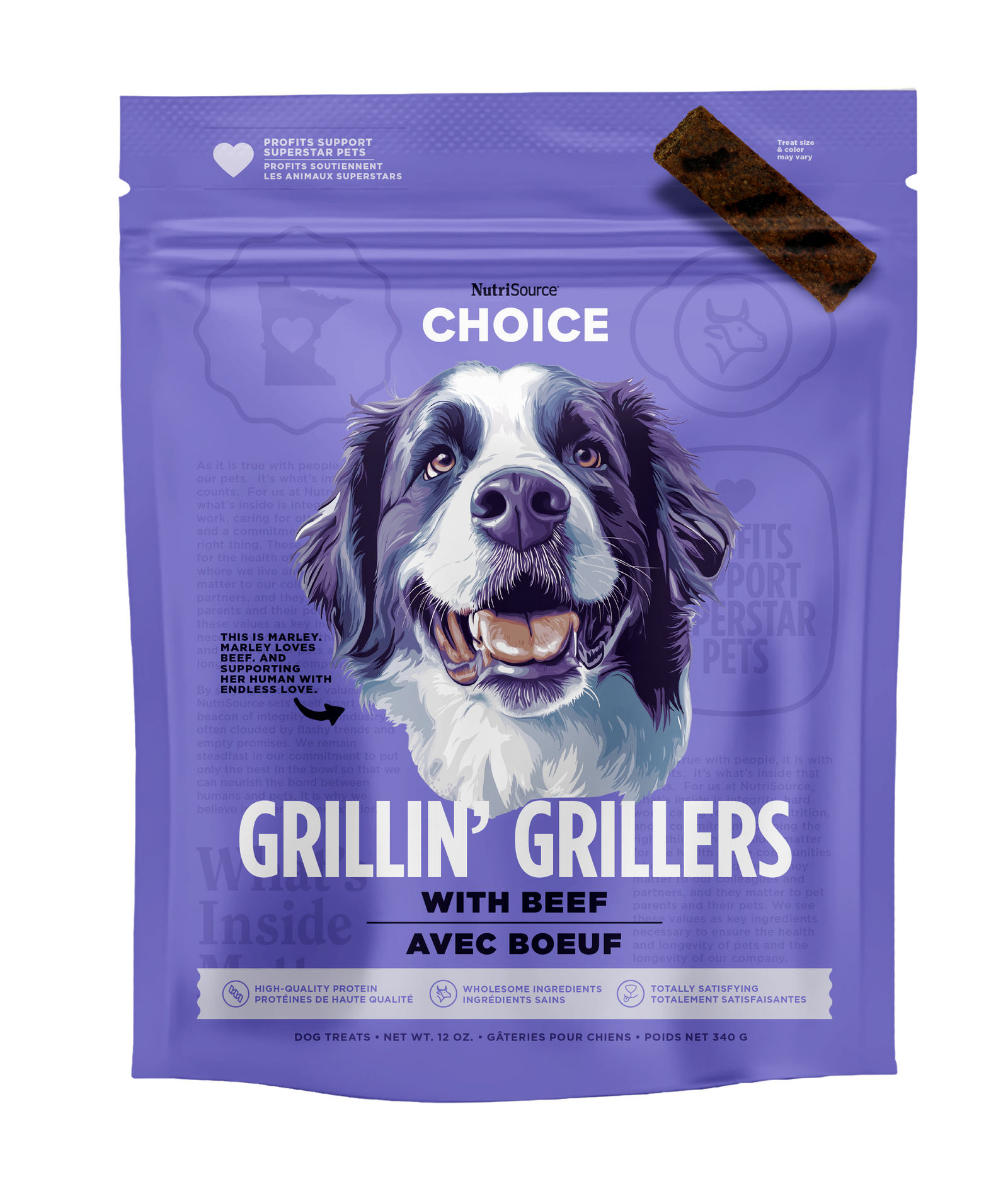 A package of NutriSource Choice Beef Grillin' Grillers with a picture of a white and black dog on the front.