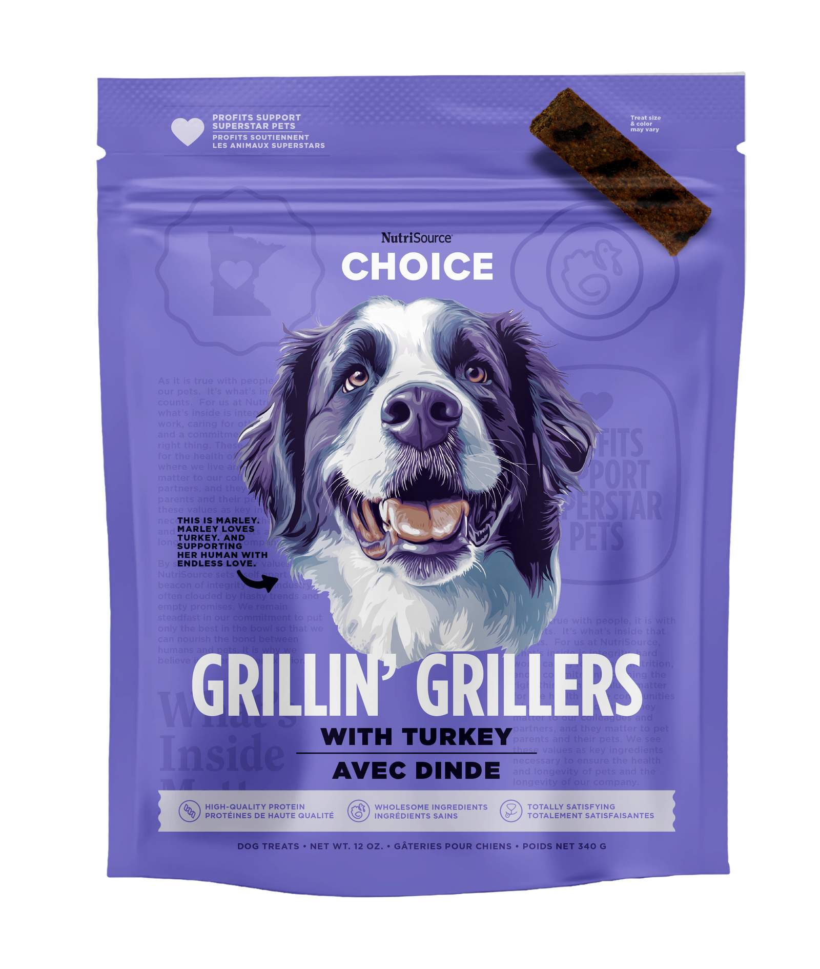 A package of NutriSource Choice Turkey Grillin' Grillers with a picture of a black and white dog on the front.