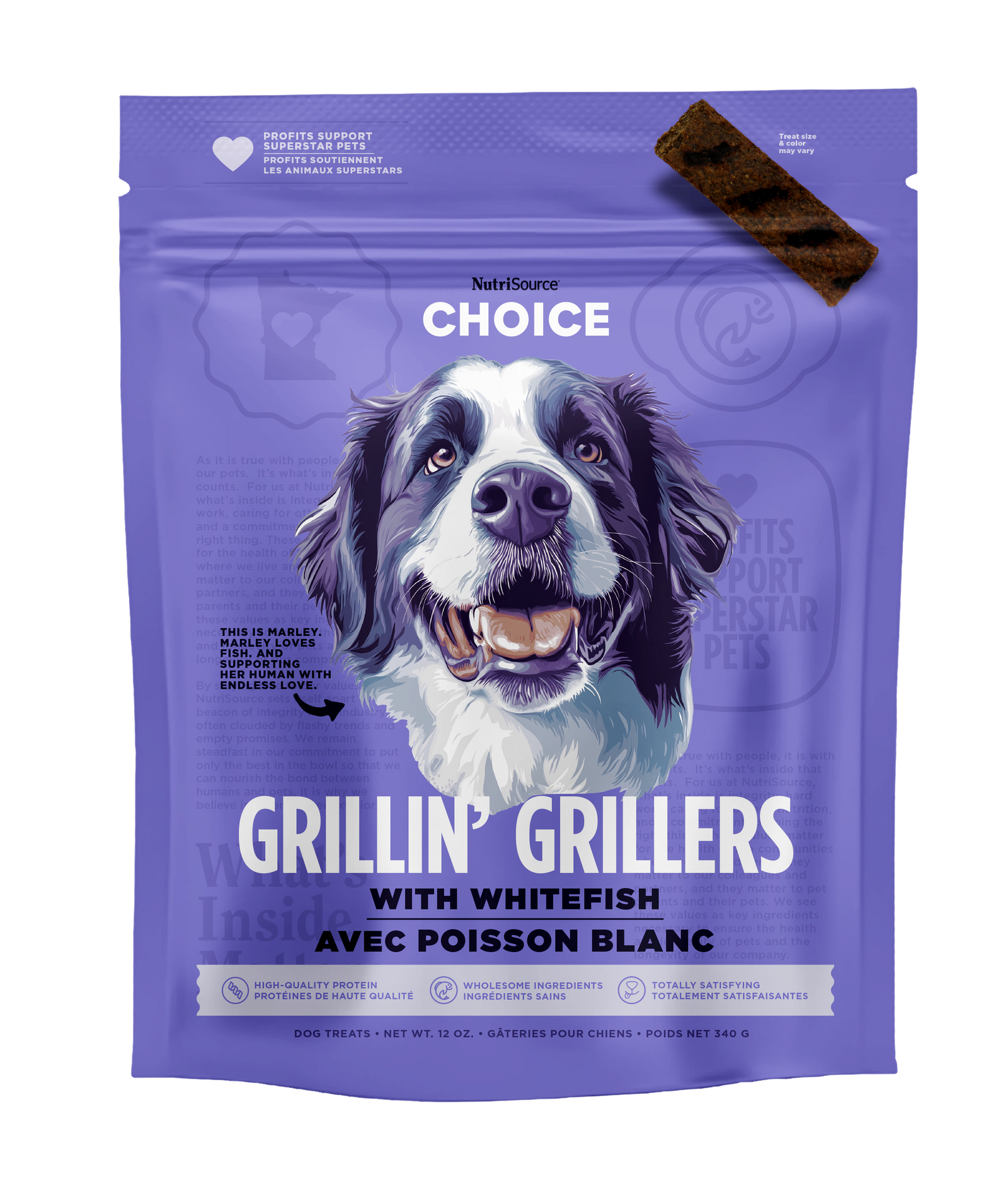 A package of NutriSource Choice Whitefish Grillin' Grillers dog treats with an image of a black and white dog on the front.