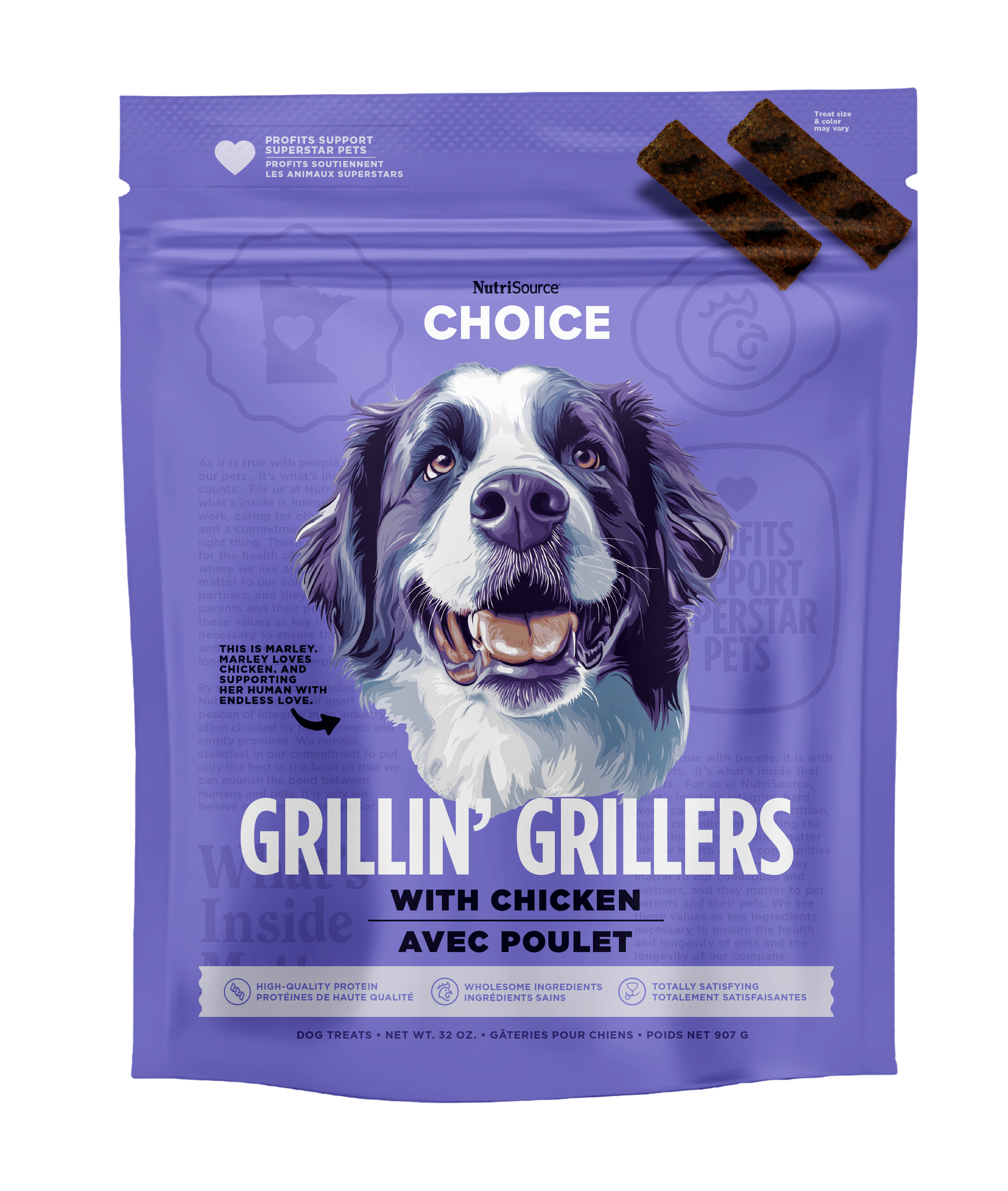 A package of NutriSource Choice Chicken Grillin' Grillers with a picture of a dog on the front.